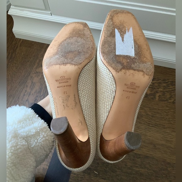 Vintage VALENTINO GARAVANI Raffia Leather Cream Wood Heels Size 41 Authentic - Picture 3 of 16